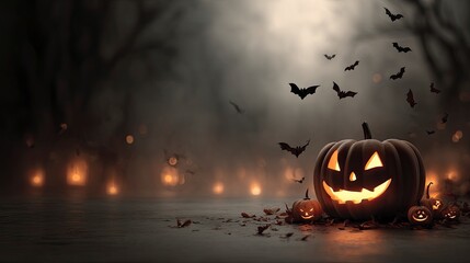 Spooky Halloween Pumpkin Carved with Smiling Face in Dark Forest with Flying Bats and Candle Lights
