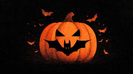 Carved Halloween Jack-o'-lantern with Menacing Face and Flying Bats in Dark Night Scene