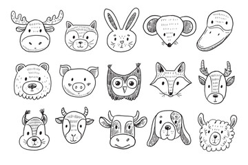 Animal funny heads vector line illustrations set.