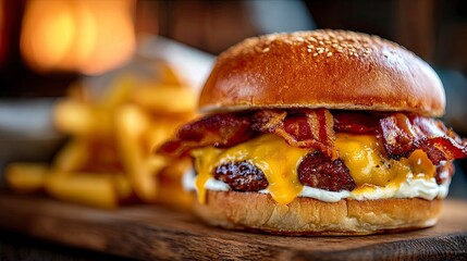 Juicy Cheeseburger with Bacon and French Fries on Wooden Board
