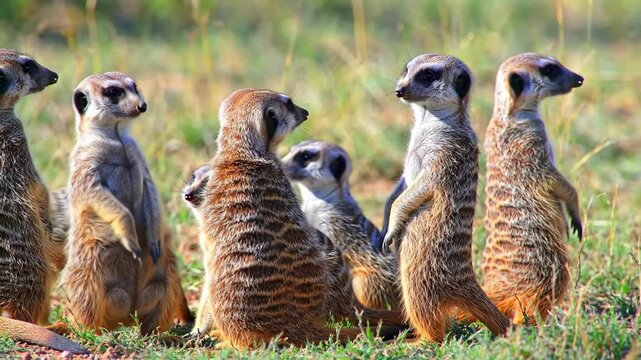 Group of meerkats standing alert in green grass, animals looking out, watching.