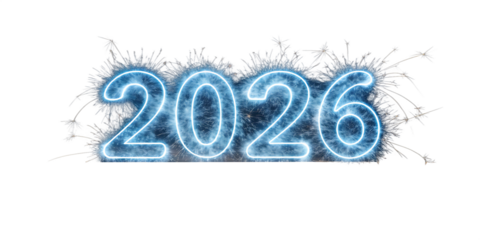Glowing Blue Neon Numbers 2026 with Sparklers Against Black Background new year isolated on a transparent background