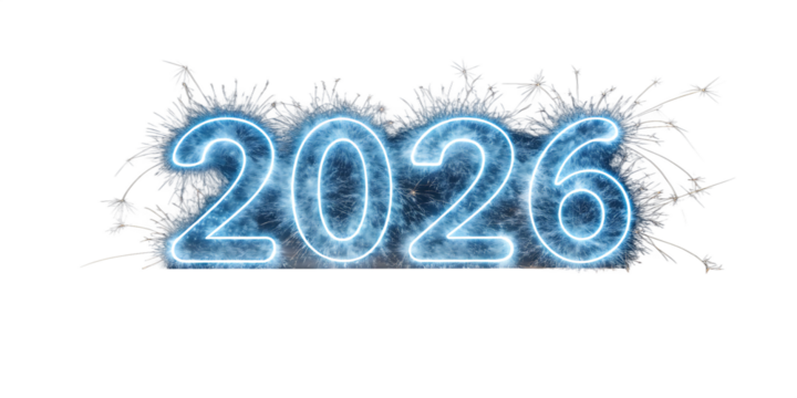 Glowing Blue Neon Numbers 2026 with Sparklers Against Black Background new year isolated on a transparent background