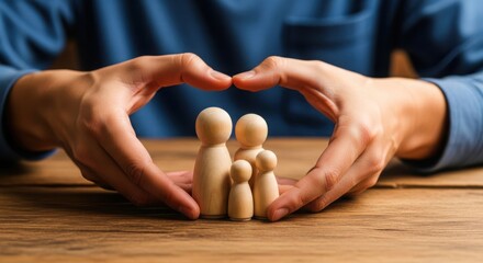 Wooden family figurines are protected by hands forming a heart shape