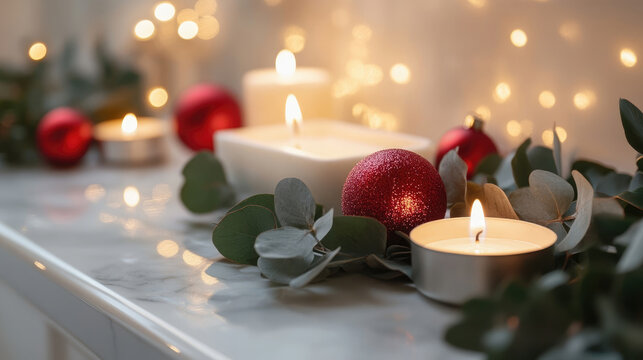 Holiday-themed bathroom decor with eucalyptus, red ornaments, and candles, peaceful spa moment, minimal clean style, cozy wellness atmosphere, festive relaxation, copy space
