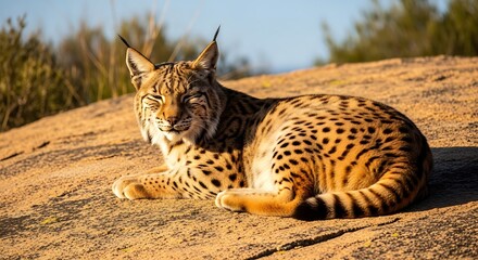 Obraz premium Iberian Lynx Resting on Rock - A Portrait of Wild Beauty.
