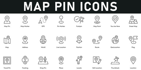 Map pin and location line icon set covers GPS, position, address, place, geolocation, tracking, direction, pushpin, guide, navigation and destinations. Simple, editable stroke vectors clean, minimal