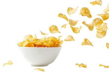 Crispy potato chips elegantly cascade from a bowl in a bright, minimalist kitchen setting