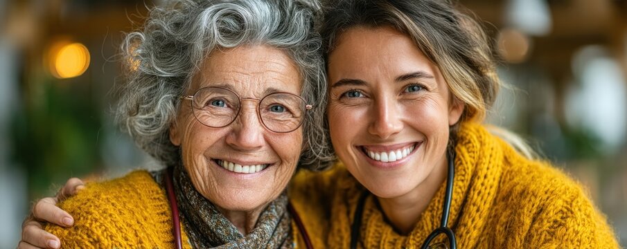 Smiling elderly woman with daughter wearing warm sweaters in a cozy setting - Powered by Adobe