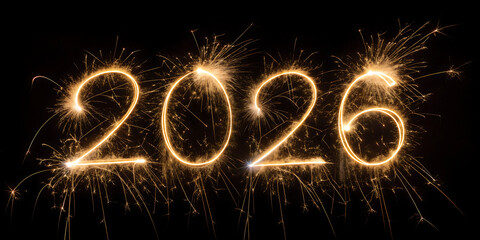 Golden Sparkler Light Painting of 2026 Numbers on a Black Background year isolated on a transparent background