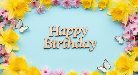 A cheerful happy birthday message surrounded by flowers and butterflies