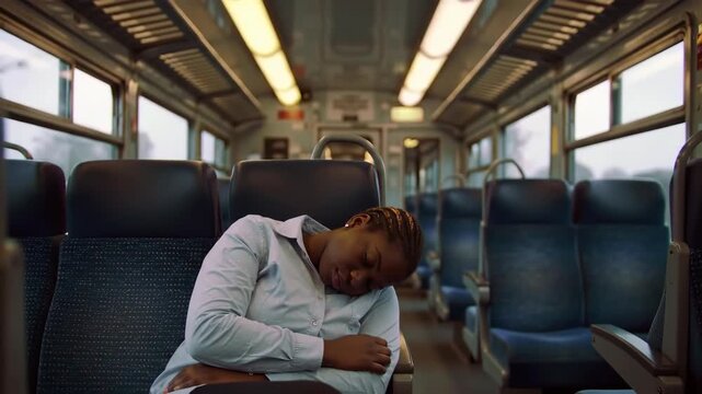 Tired African woman sleeping on train. Commuting, travel, passenger. Public transport. Exhausted traveler on railway. Sleeper train.