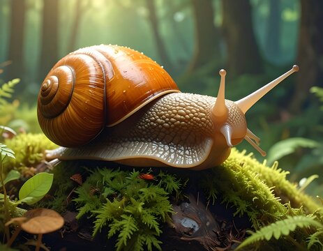 A close-up depicts a snail with a lustrous shell atop moss. Sunlight filters through a blurred forest background