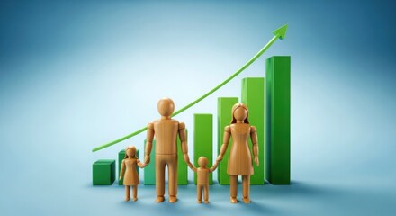 Family financial growth concept with figures and a rising bar graph