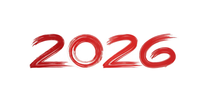 Red brush stroke numbers 2026 over abstract pixelated background year new year isolated on a transparent background