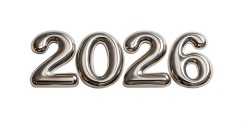 Shiny Metallic 3D Numbers 2026 Floating Against a Black Background year isolated on a transparent background