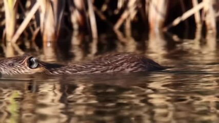 Muskrat swimming in water with reflections and reeds in wetland environment. - Powered by Adobe