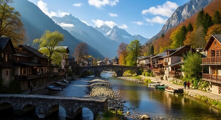 Fototapeta premium Idyllic Hallstatt Austria - A Picturesque Village Scene in the Austrian Alps.