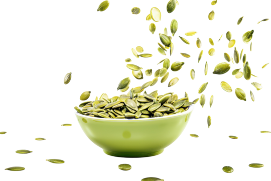 Green pumpkin seeds scatter gracefully from a vibrant bowl, capturing a moment of snack-time joy