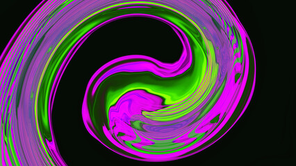 Neon green pink purple liquid swirl line on black background. Abstract defocused wave. Glitch Art trippy digital screen. Backdrop. banner. Template. Trippy texture. VR. metaverse. Electric Fuchsia.