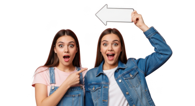 Excited young women holding arrow sign pointing up with surprised expressions