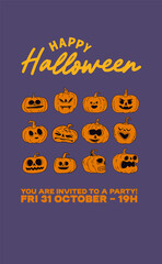 Happy halloween cute invitation with funny cartoon carved pumpkins, vintage retro style