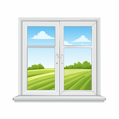Obraz premium Hand drawn illustration of a white casement window with a view of a green field