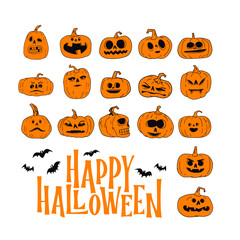 Halloween pumpkins with funny and spooky carved faces, hand drawn vector illustration