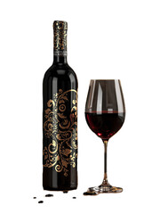Dark Wine Bottle and Glass Clipart with Gold Floral Details