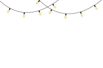 Decorative glowing yellow string lights with sparkles, realistic festive garland for Christmas, New Year, and party designs, isolated vector for banners, cards, winter backgrounds, and event celebrati