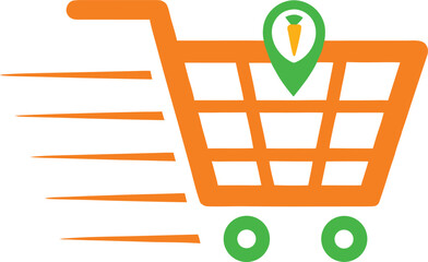 Grocery Delivery Service Icon. Fast Shopping Cart with Location Pin. Fresh Food Delivery Vector Illustration.
