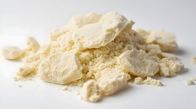 Small pale yellow pieces of asafoetida grouped together on a clean white surface, their texture visible.