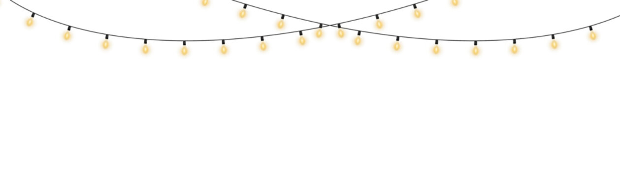 Decorative glowing yellow string lights with sparkles, realistic festive garland for Christmas, New Year, and party designs, isolated vector for banners, cards, winter backgrounds, and event celebrati