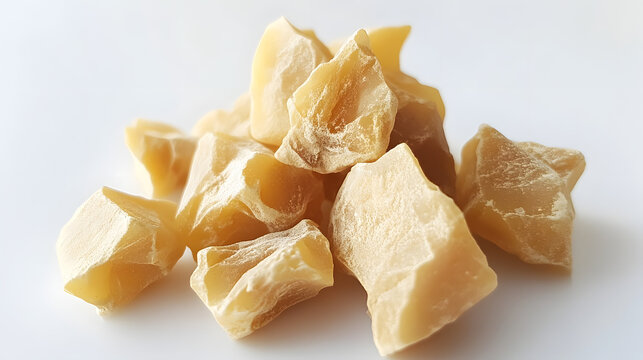 Small pale yellow pieces of asafoetida grouped together on a clean white surface, their texture visible.