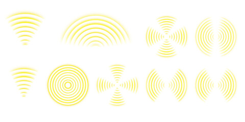 Abstract yellow radar pattern with concentric rings. Signal pulse icon set visualizing frequency, sonar, and sound reflection for futuristic tech and digital design concepts.