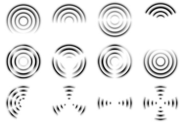 Black and white radar wave icons with circular rings and sonar signals. Abstract concentric frequency pattern design for technology, sound detection, communication, and signal transmission concepts.
