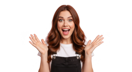Excited young woman with open mouth and outstretched hands expressing surprise and joy