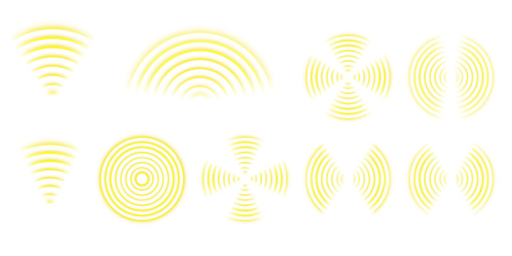 Abstract yellow radar pattern with concentric rings. Signal pulse icon set visualizing frequency, sonar, and sound reflection for futuristic tech and digital design concepts.