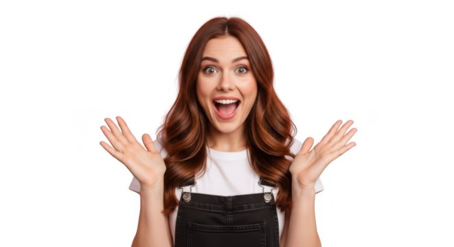 Excited young woman with open mouth and outstretched hands expressing surprise and joy