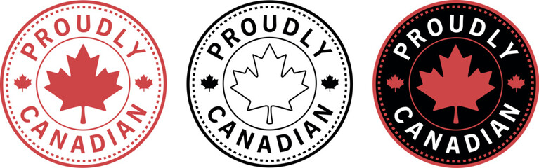 Vector art of three proudly canadian maple leaf stamps, in red, black and white colors