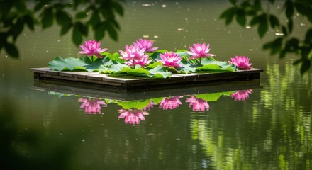 Pink lotus flowers and green leaves floating on a wooden platform in water