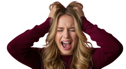 Woman's distressed face with hands in hair experiencing intense frustration and emotional turmoil