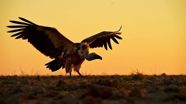Majestic vulture taking flight at sunset, wings spread, backlit by golden sun, nature.