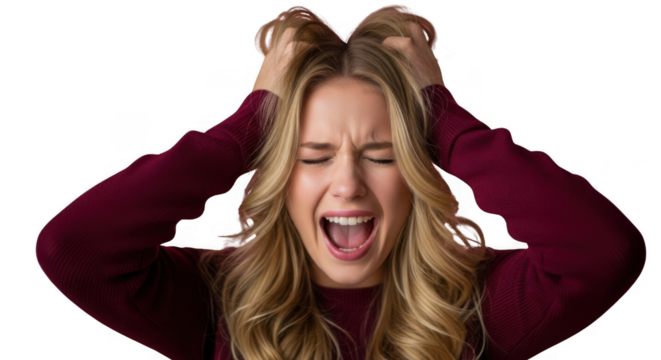 Woman's distressed face with hands in hair experiencing intense frustration and emotional turmoil - Powered by Adobe