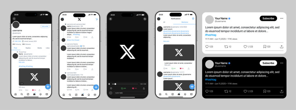 X or Twitter mobile UI mockup with home feed, tweets, retweets, profiles, messages, notifications, explore, spaces, trending topics, media uploads, analytics, and fully detailed modern interactive vec
