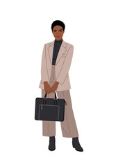 Minimalist vector illustration of a confident Black African American woman in beige suit with black turtleneck and briefcase, flat modern corporate style on transparent background.