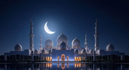 Grand mosque illuminated under the moonlight during a serene night scene