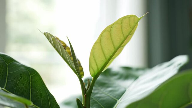 Close-up of green fiddle leaf fig plant leaves indoors with soft natural light, vibrant and fresh growth, nature, spring, plants.