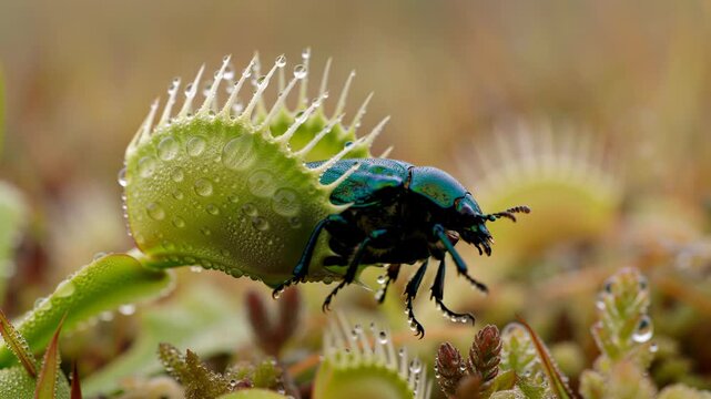 Captured: Blue beetle trapped by dewy Venus flytrap, carnivorous plant, nature.
