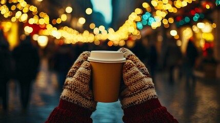 woman holding mug with mulled wine or hot chocolate at christmas market